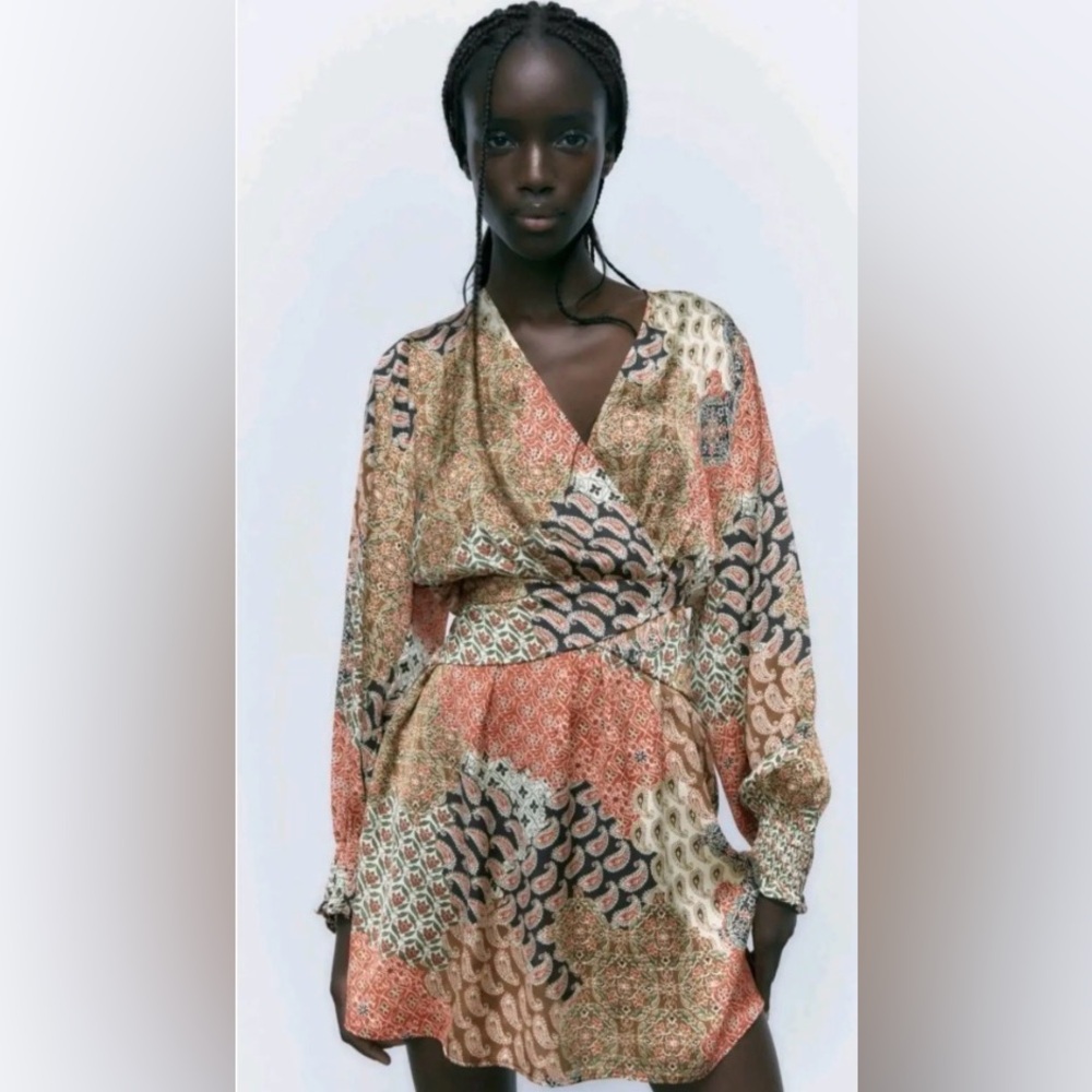 Zara Paisley Floral Silk Like Patterned Boho Longsleeve Mini Dress‎ Size Large
